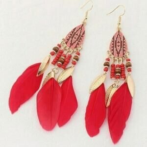Red Boho Feather Earrings